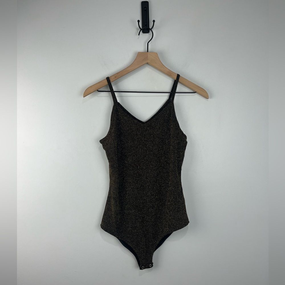 K / lab Black & Gold Shimmer V Neck Tank Bodysuit S